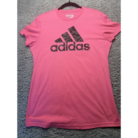 adidas Tops - Adidas The Go-To Tee Womens L Pink Black Logo Short Sleeve T-Shirt